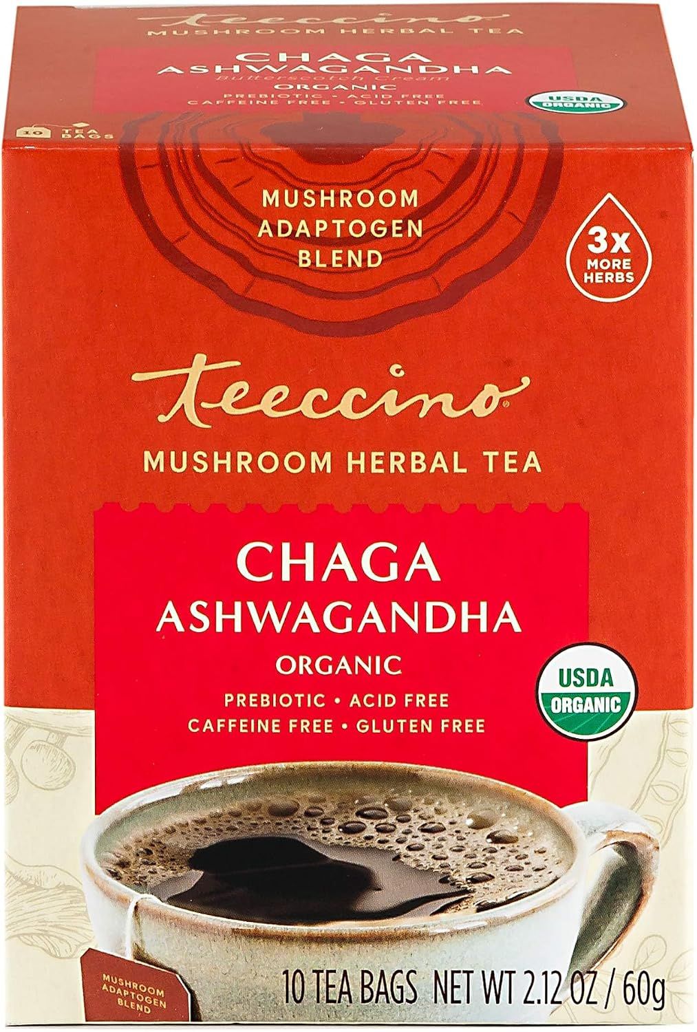 TEECCINO, Chaga Ashwagandha Mushroom Herb Tea - 10 Tea Bags (60g)