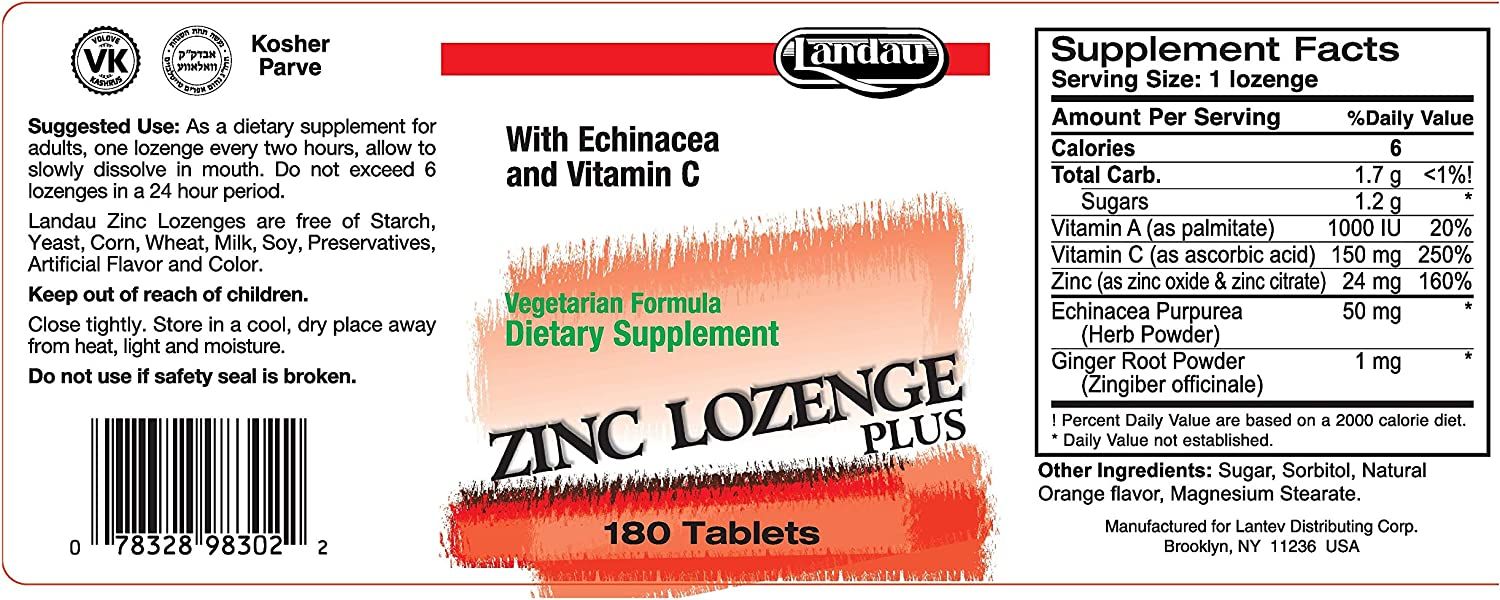 Landau, Kosher ZINC LOZENGE PLUS 24 mg, With Echinacea &amp; Vitamin C, Orange Flavor, Size: 90 Tablets