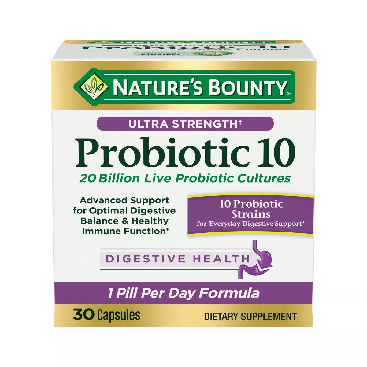 Natures Bounty, Ultra Strength PROBIOTIC 10, 20 Billion CFU, Size: 30 Capsules
