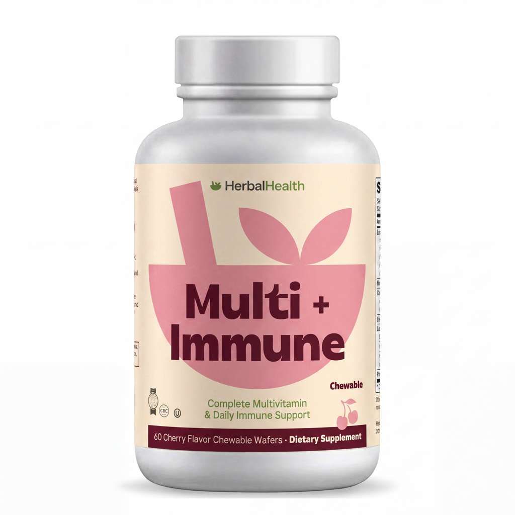Herbal Health, Kosher Multi + Immune, Complete Multivitamin &amp; Daily Immune Support, Cherry Flavor - 60 Chewable Wafers