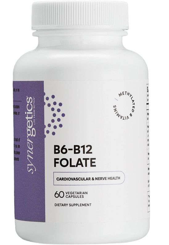 Synergetics, Kosher B6-B12 FOLATE (Vitamin B6 25mg, Vitamin B12 1000mcg w/ Folate 1000mcg), For Cardiovascular Nerve Health, Size: 60 Vegetarian Capsules