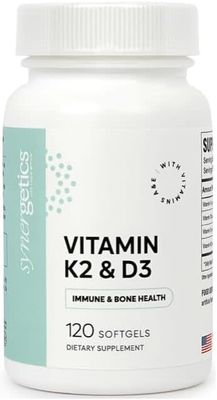 Synergetics, Kosher VITAMIN K2 &amp; D3 (Vitamin K2 180mcg, Vitamin D3 5000IU, w/ Vitamin A 1000mcg &amp; Vitamin E 30mg), For Immune &amp; Bone Health