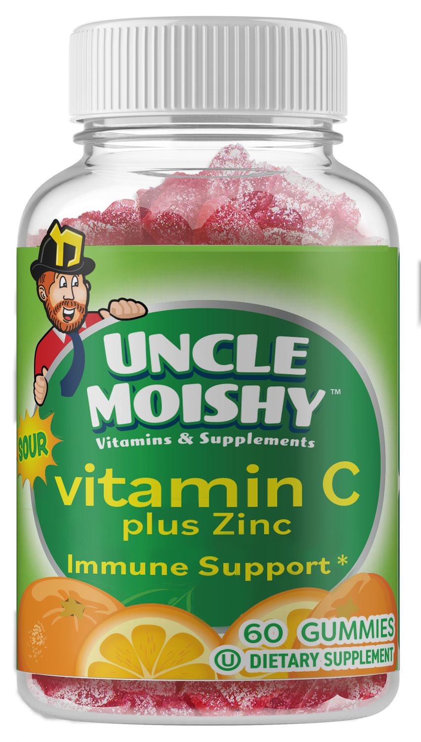 Uncle Moishy, Kosher Sour VITAMIN C + Zinc, Immune Support, Size: 60 Gummies