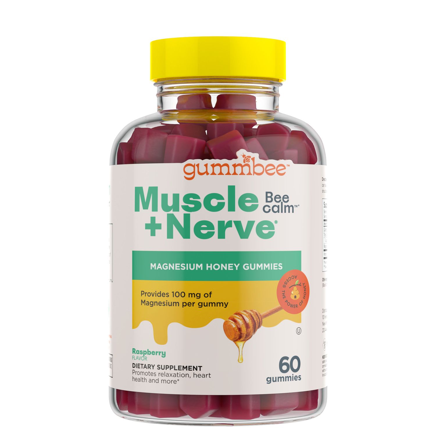 GUMMBEE, Kosher MUSCLE + NERVE Magnesium Honey Gummies, Raspberry Flavor - 60 Gummies