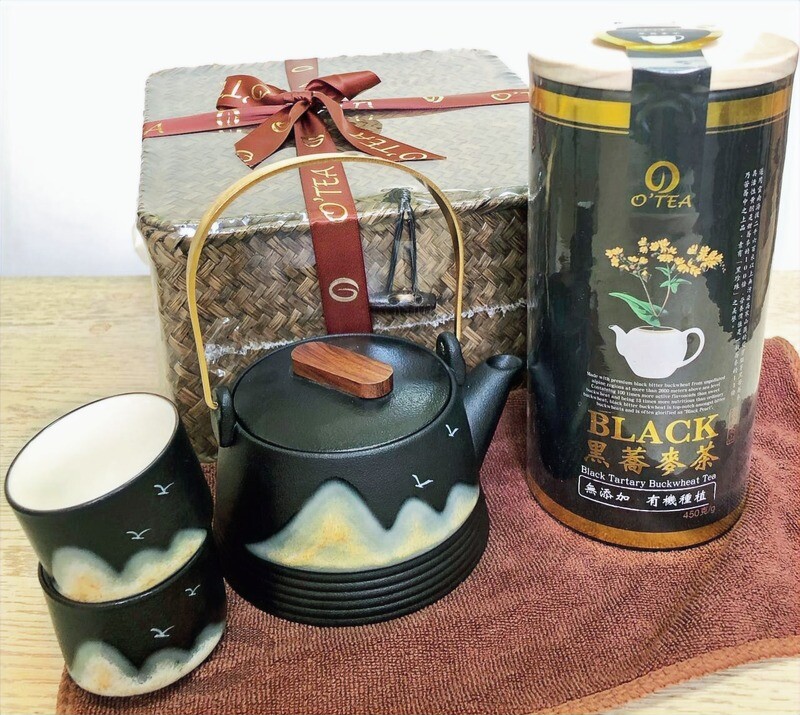 O&#39;TEA 黑蕎麥茶+陶瓷茶具禮籃套裝