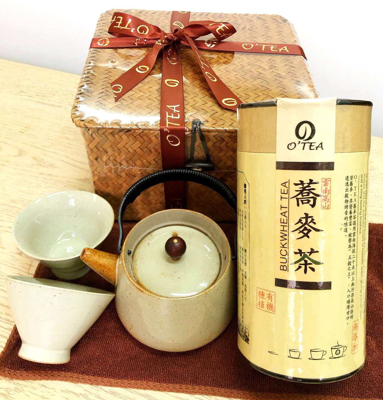 O&#39;TEA 黃蕎麥茶+陶瓷茶具禮籃套裝
