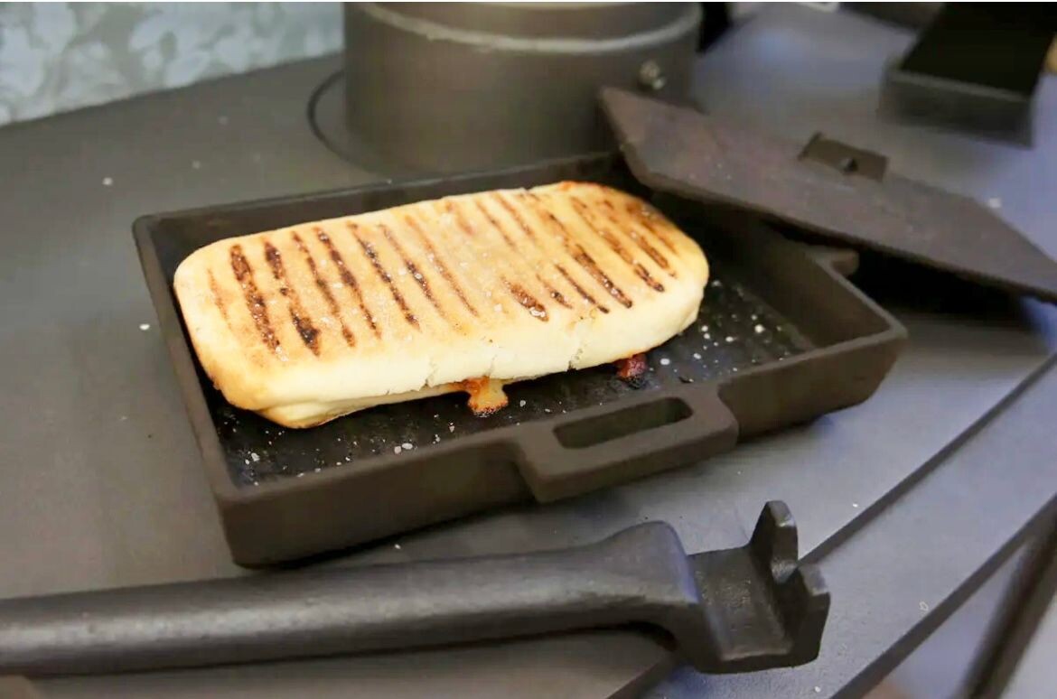 Cast Iron Panini Cooker / Bacon / Burger Press for use INSIDE wood burning and multi fuel stove and on open fires / bbqs.