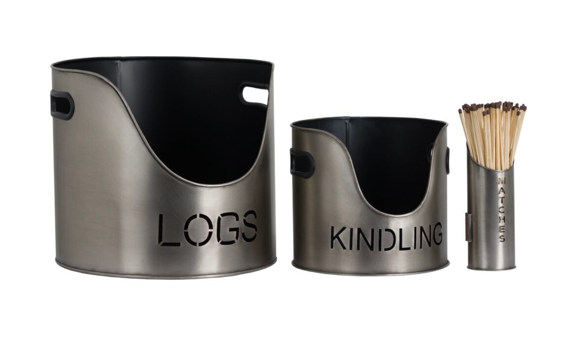 3pc Log & Kindling Buckets With Matchstick Holder In A Lovely Pewter Finish. Fireside Accessories.