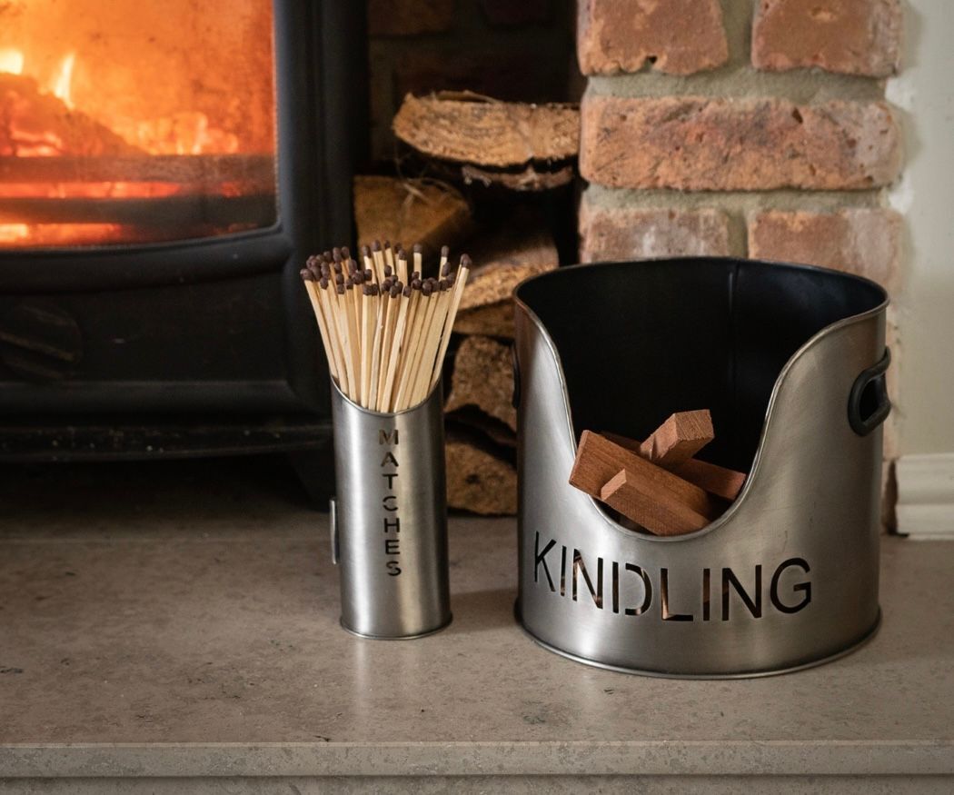 3pc Log & Kindling Buckets With Matchstick Holder In A Lovely Pewter Finish. Fireside Accessories.