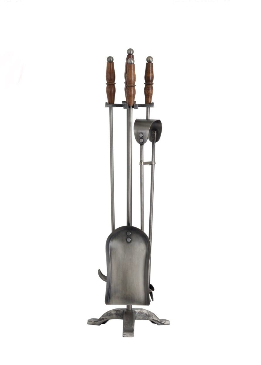 Hand Turned Fire Companion Set In Antique Pewter With Wooden Handles.