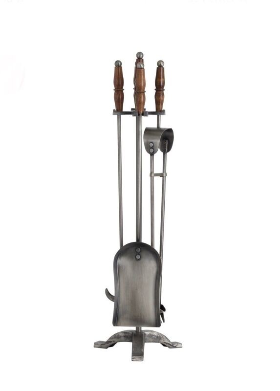 Hand Turned Fire Companion Set In Antique Pewter With Wooden Handles.