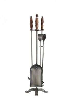 Hand Turned Fire Companion Set In Antique Pewter With Wooden Handles.