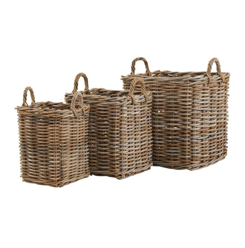 Set of 3 Kubu Rattan Square Storage Baskets - For Logs, Kindling, Blankets etc.