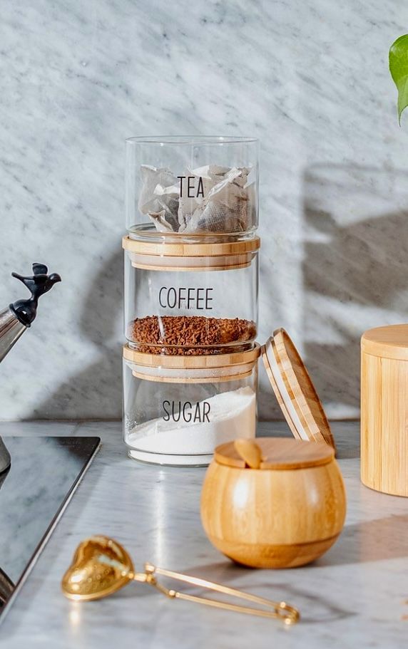 Tea Sugar Coffee stacking Jars / containers with air tight Bamboo Wooden Lids. Set of 3.