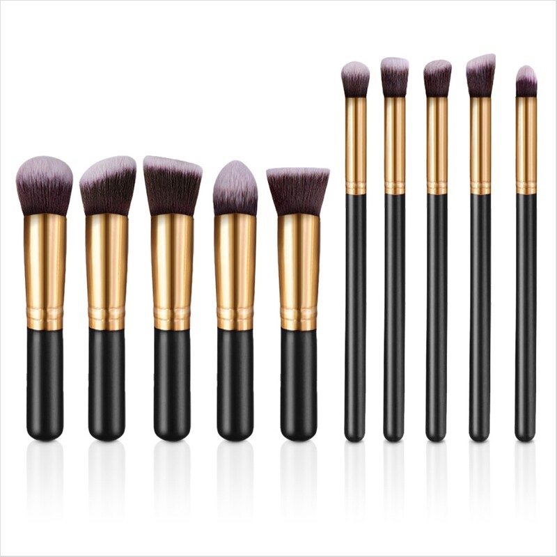 Evvie set van 10 make-up borstels kabuki - Zwart/Goud