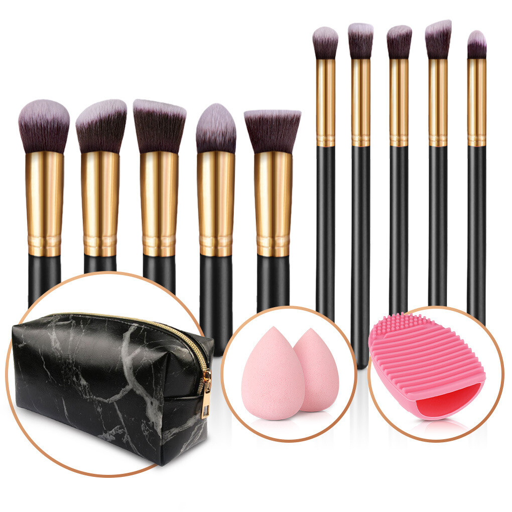 Evvie set van 10 make-up kwasten met beauty blender (2x) en brushegg in etui - zwart/goud