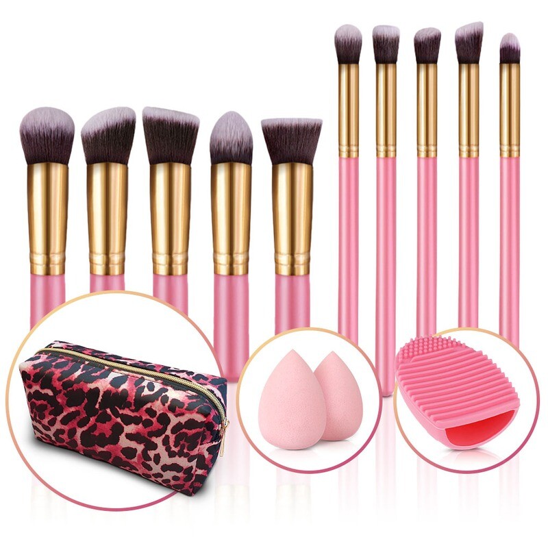 Evvie set van 10 make-up kwasten met beauty blender (2x) en brushegg in etui - roze/goud