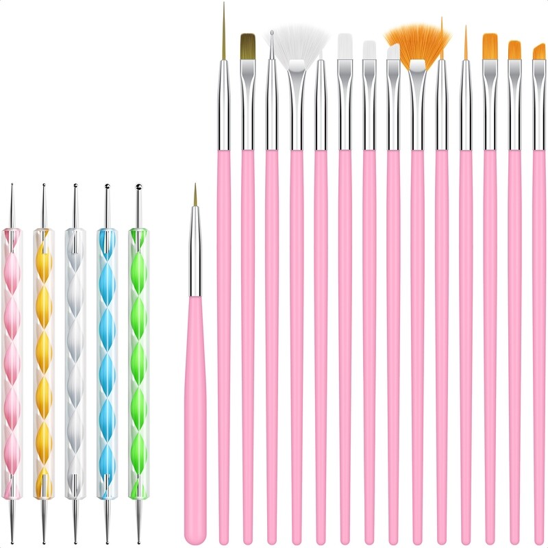 Evvie 20 delige nail art set - 15 nailart penselen en 5 dotting tools - Roze