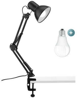 Bureaulamp Leeslamp Tafellamp met schroefklem + 5 watt LED lamp - E27 fitting - zwart
