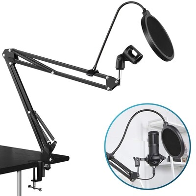 Microfoon Arm met Pop Filter – Microfoon Standaard – Tafelmontage – Gaming en Streaming - Zwart