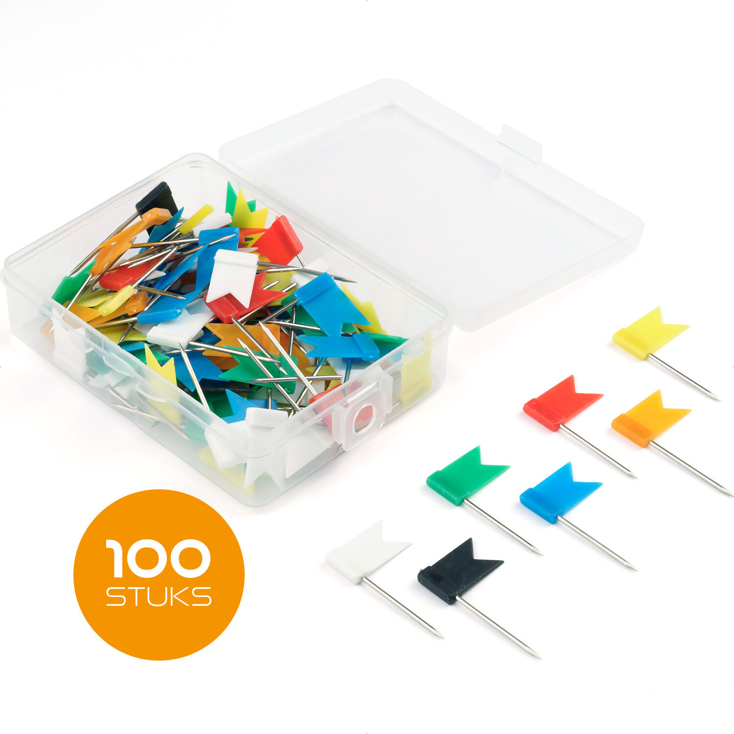 Punaises voor prikbord memobord of wereldkaart - set van 100 pushpins - vlaggetjes in 7 kleuren