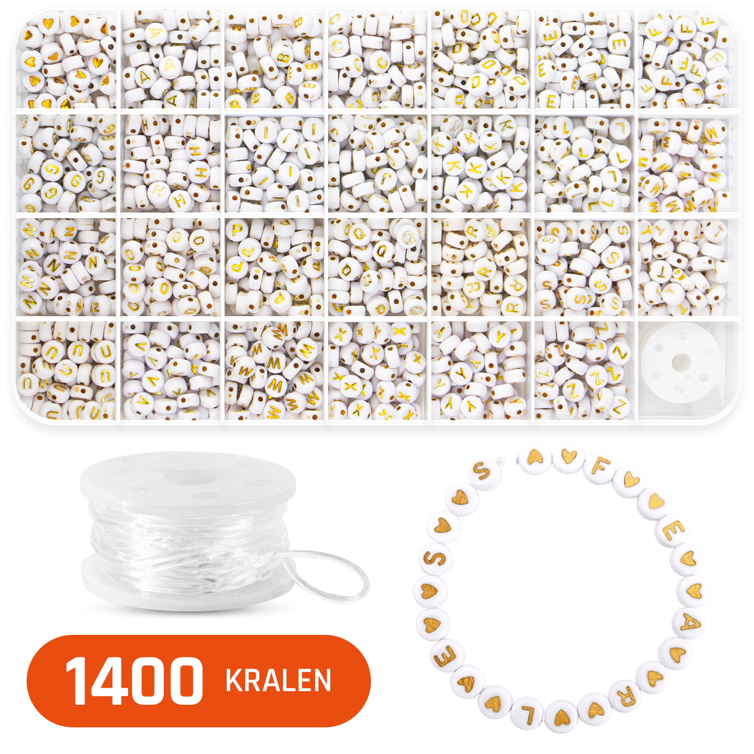 Letterkralen voor Sieraden maken - Alfabet kralen voor ketting/armband/telefoonkoord etc. - Acryl – Wit met goudkleurige letter - 7 mm - 1400 stuks gesorteerd