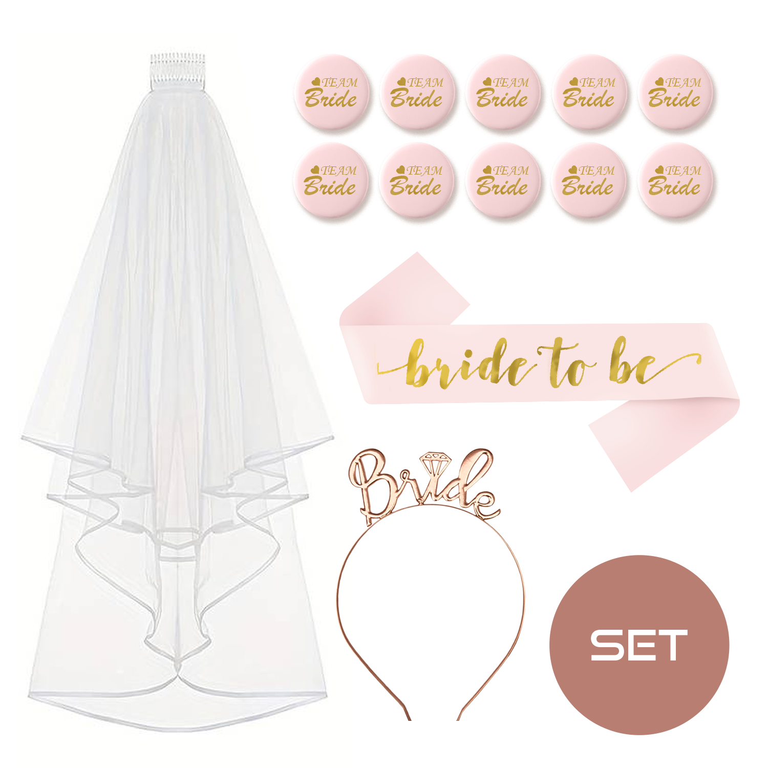 “Bride to Be” Vrijgezellenfeest Vrouw Pakket – Bachelorette Party – &quot;Bride&quot; Diadeem of Tiara - Sluier – Sjerp - &quot;Team Bride Buttons&quot; – roze goud