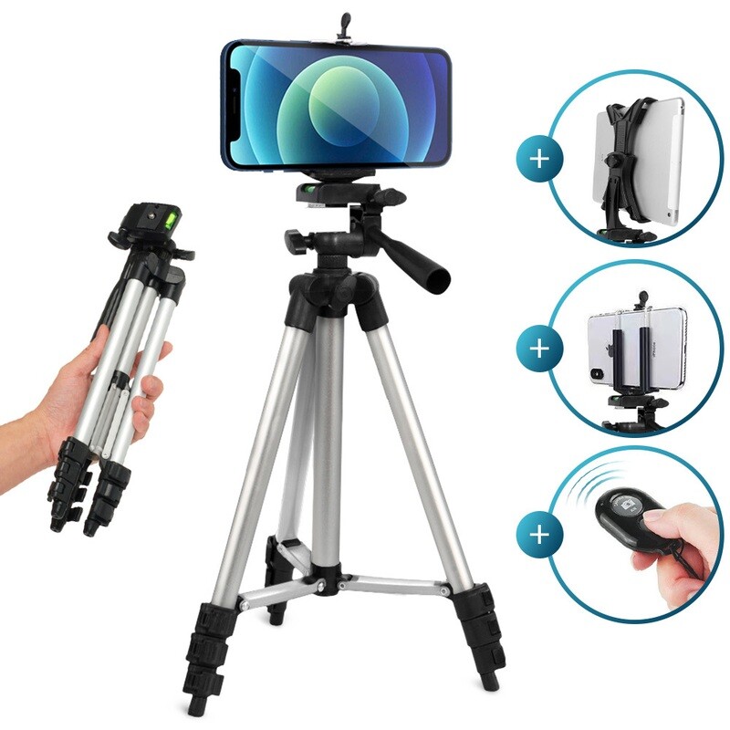 Tablet Houder Tripod Camera Statief - Telefoonhouder met afstandsbediening - 102 cm - Zilver