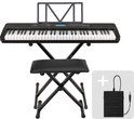 Keyboard set - Áengus A902 keyboard piano met 61 Aanslaggevoelige lichtgevende toetsen, USB MIDI + Sustain pedaal, Keyboard standaard en Pianokruk