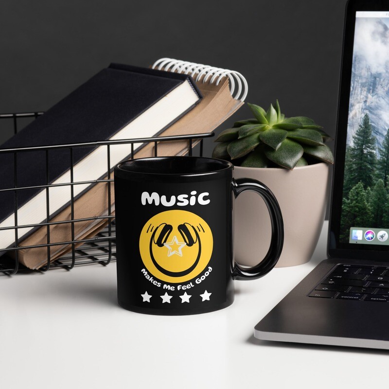 Music Makes Me Feel Good Smiley Face Black Coffee Mug