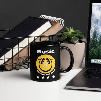 Music Makes Me Feel Good Smiley Face Black Coffee Mug
