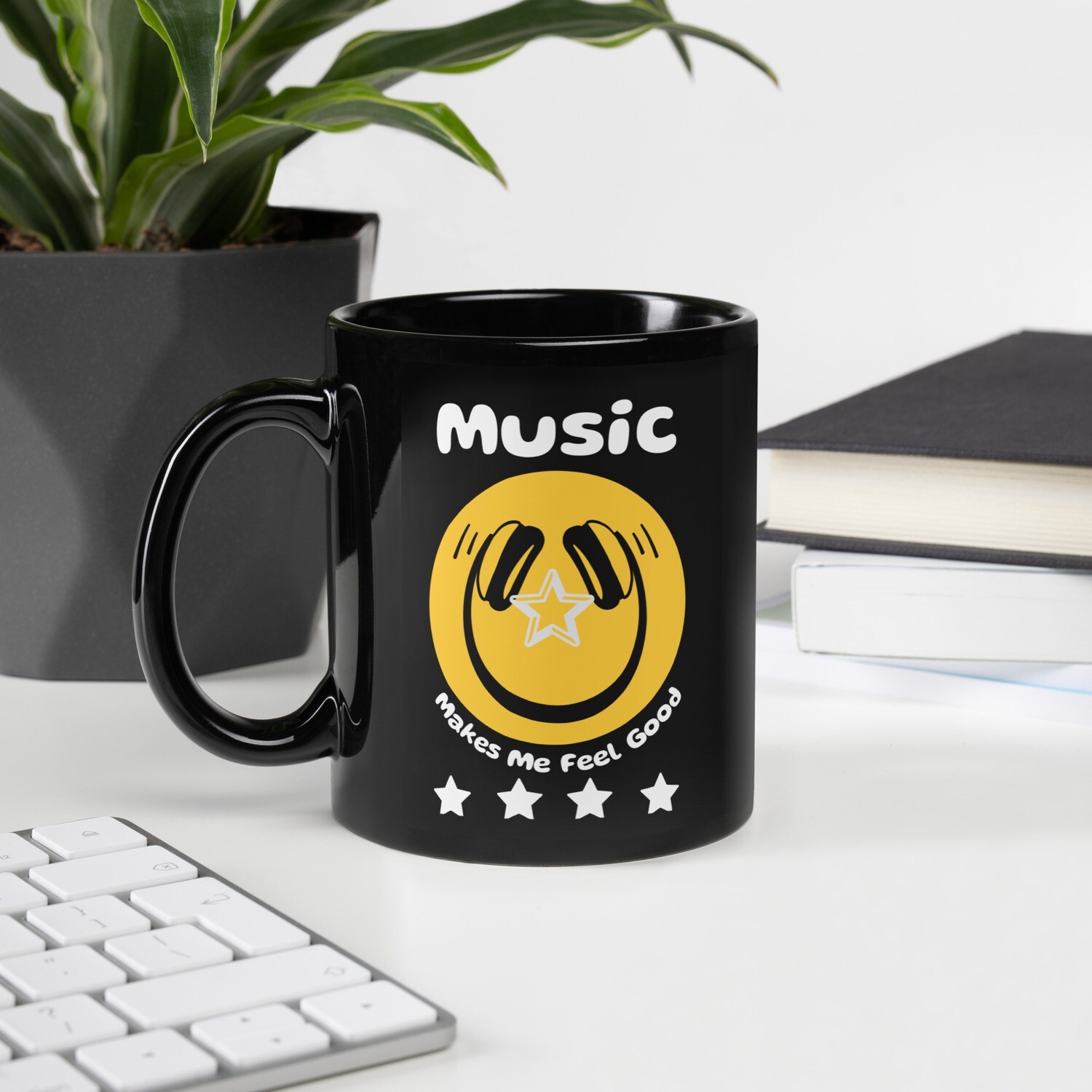 Music Makes Me Feel Good Smiley Face Black Coffee Mug
