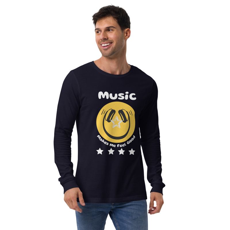 Unisex Long Sleeve Music Makes Me Feel Good Smiley Face Tshirt