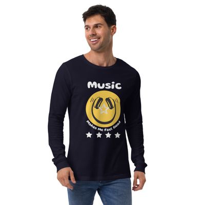 Unisex Long Sleeve Music Makes Me Feel Good Smiley Face Tshirt