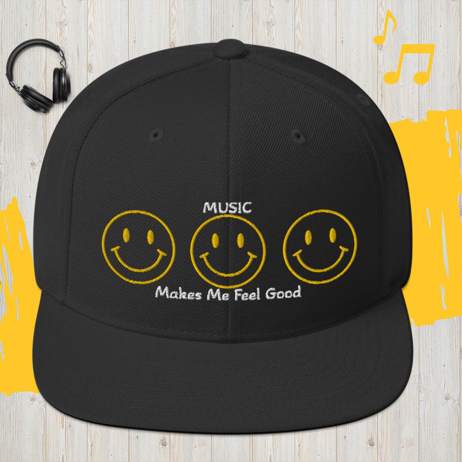 Music Makes Me Feel Good Smiley Face Snapback Hat (Triple Smile)