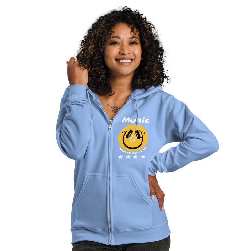 Music Makes Me Feel Good Smiley Face Zip Up Hoodie (Unisex)