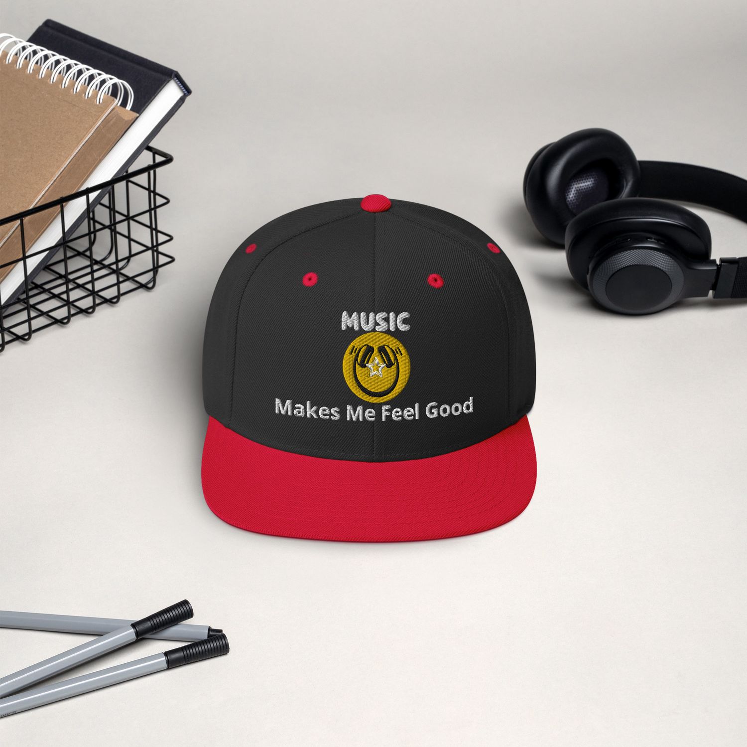 Music Makes Me Feel Good Smiley Face Snapback Hat