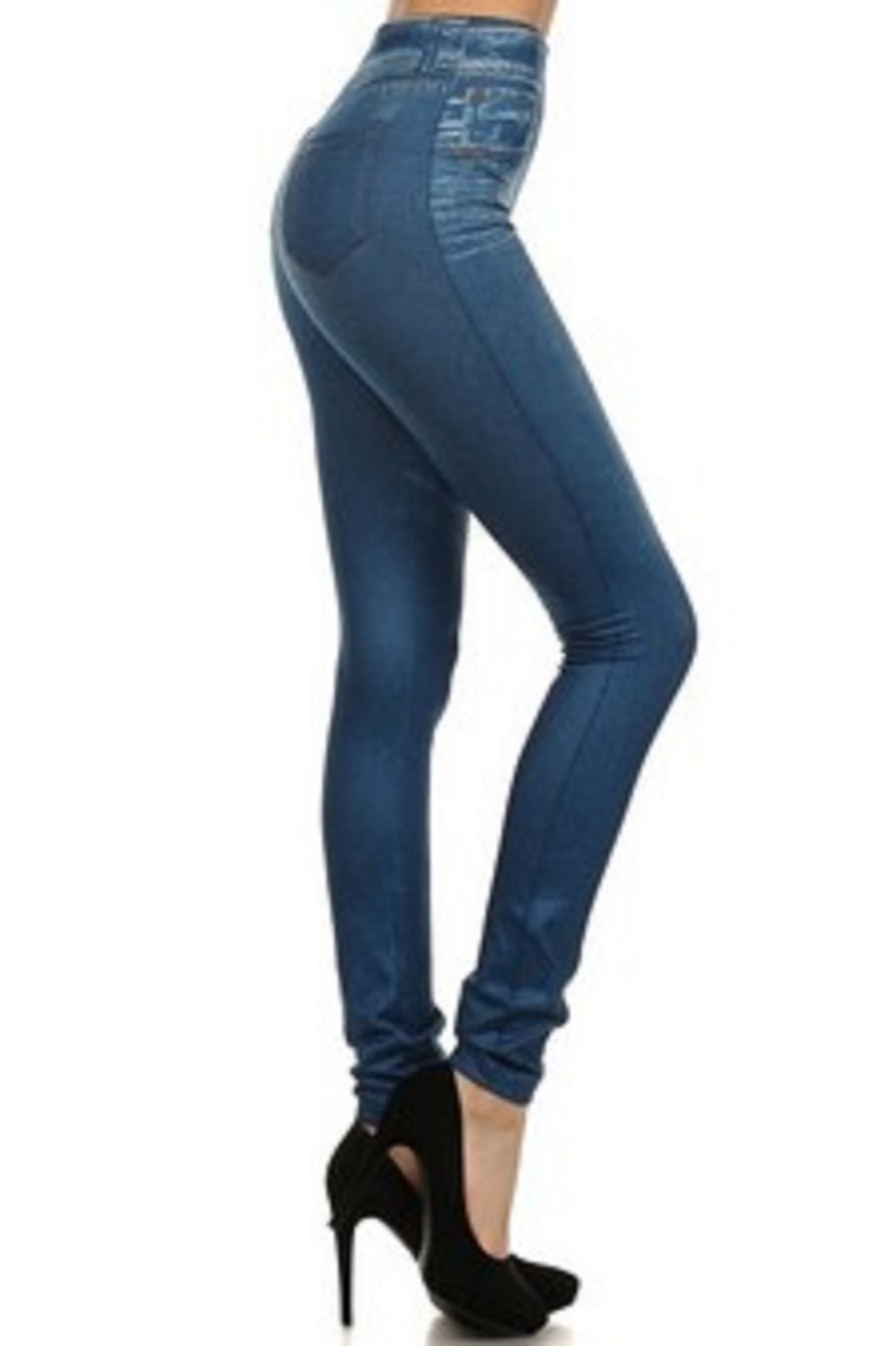 Happy Leggings Distressed Jean Sublimation Printed Fleece-Lined Leggings with Back Pockets, S/M Denim Blue