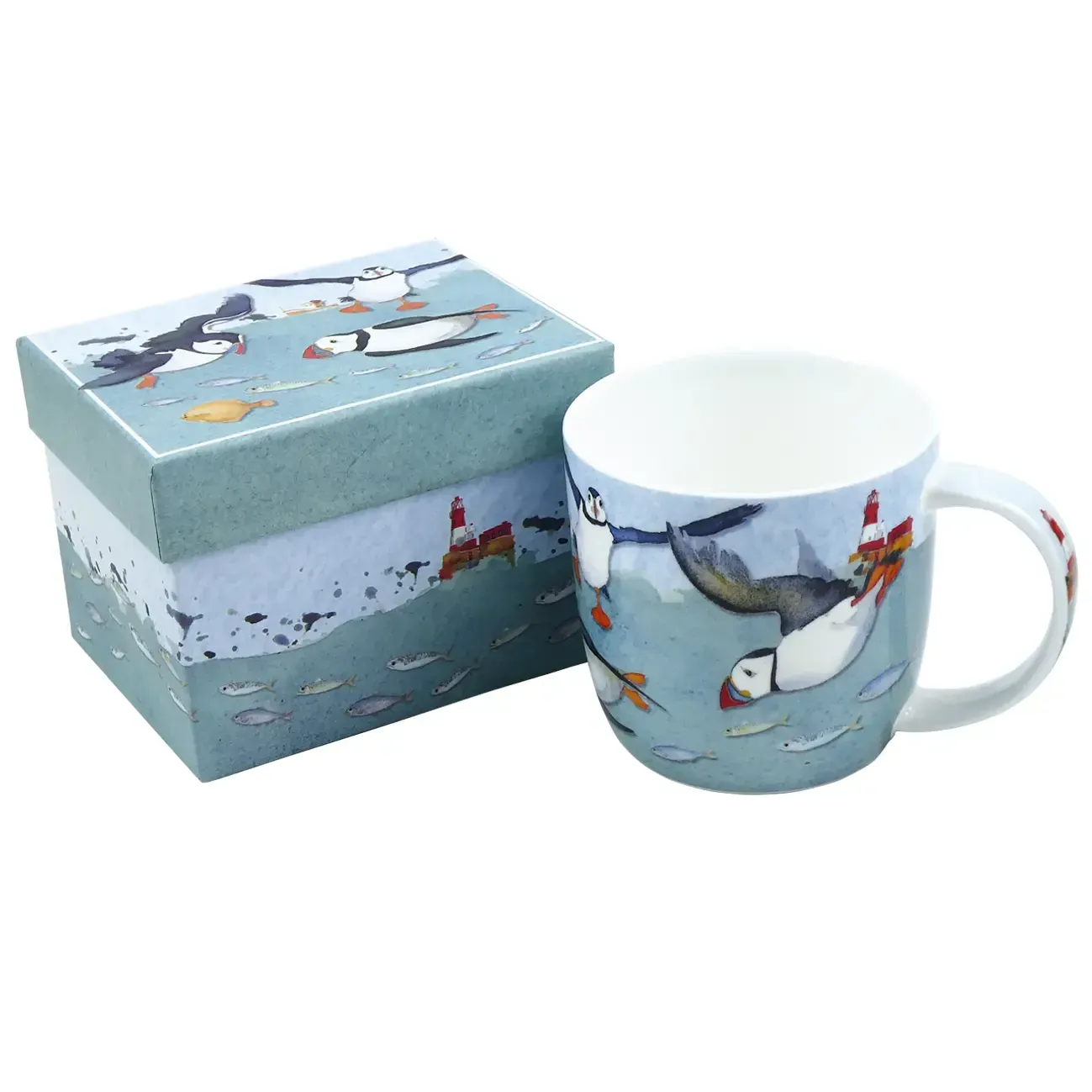 Diving Puffins - Bone China cup with gift box by Emma Ball