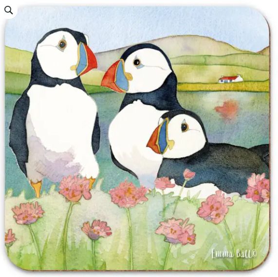 Sea Thrift Puffins - Coaster I by Emma Ball