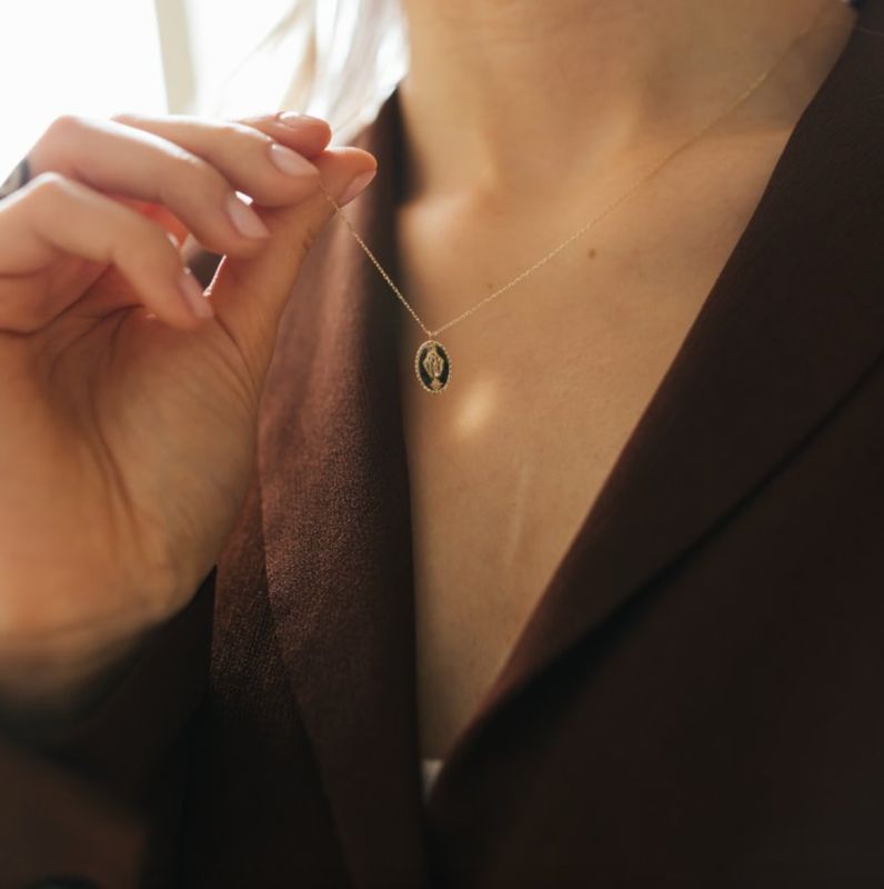 EMMANUEL- 10k Gold with Diamond Jesus Oval Pendant Necklace