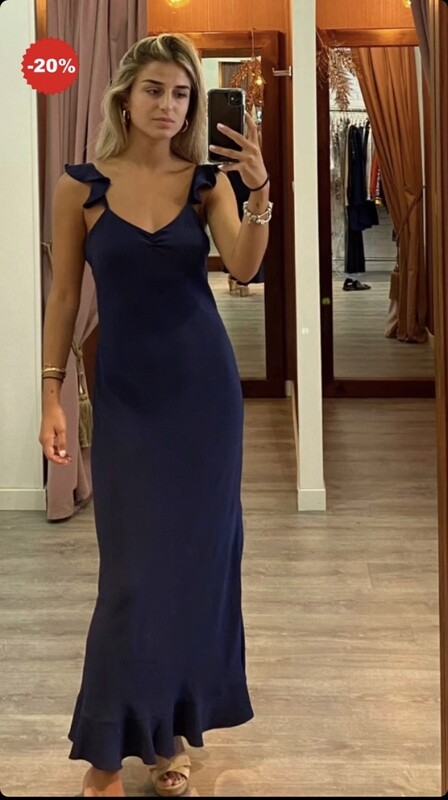 Vestido largo azul marino bajo corte gotex detalle tirante volante