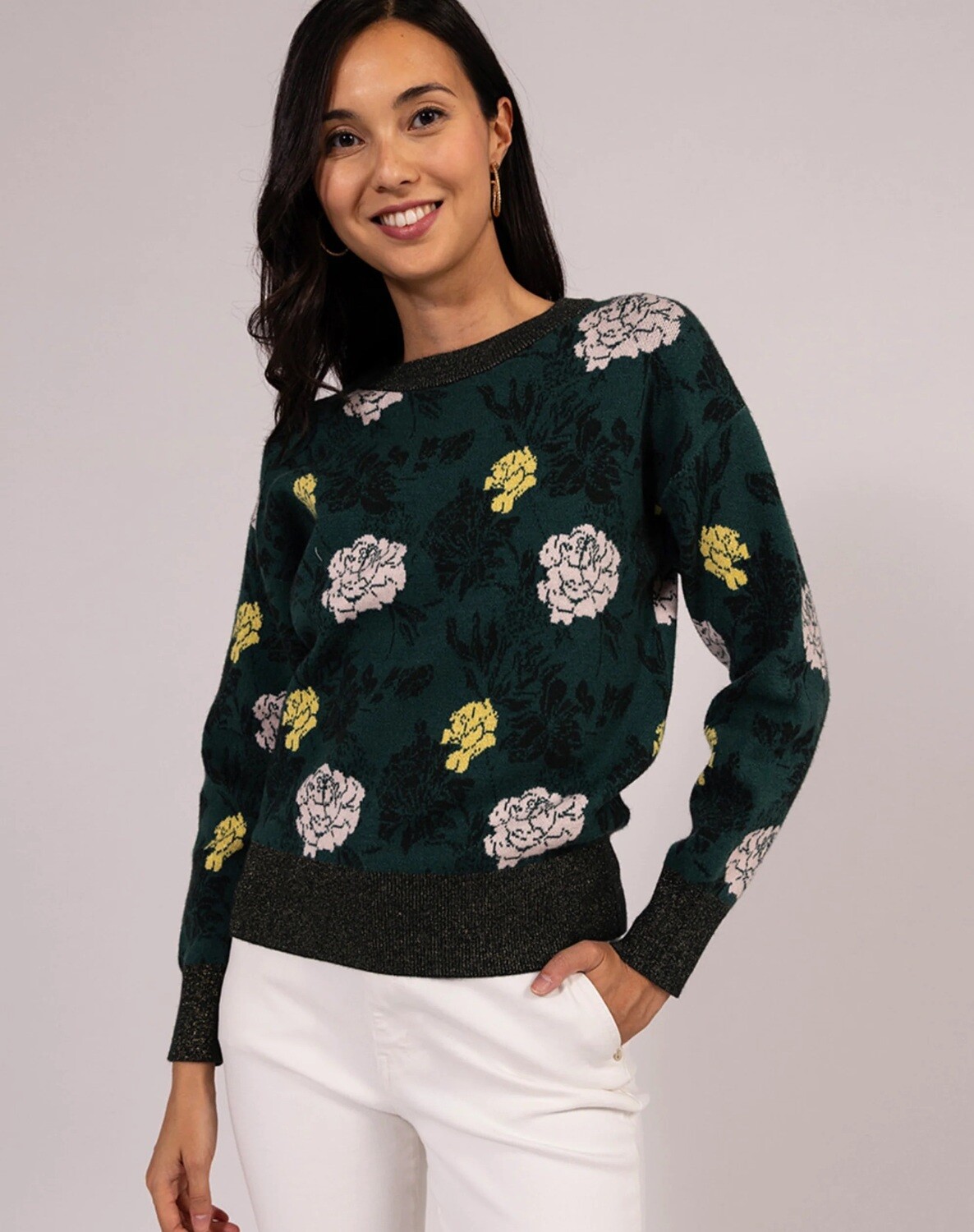 Jersey jacquard flores color verde