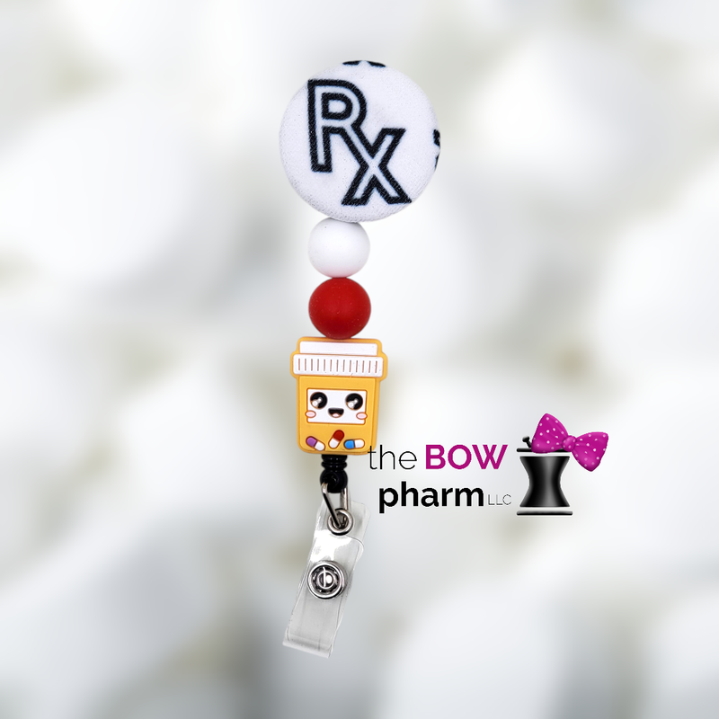 Orange Rx Pill Bottle Button Beaded Badge Reel