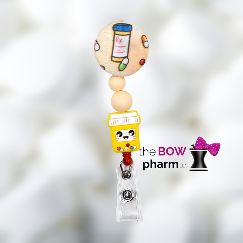 Yellow Rx Pill Bottle Button Beaded Badge Reel