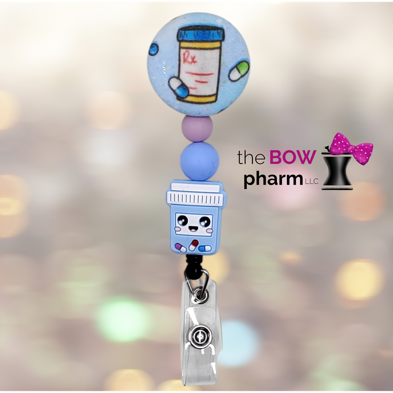 Light Blue Rx Pill Bottle Button Beaded Badge Reel