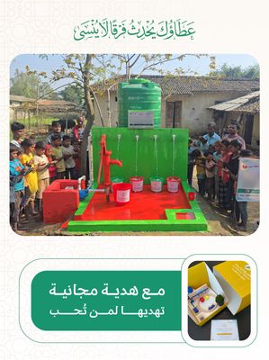 Artesian well in Asia (India, Nepal) with tank, taps, and pump