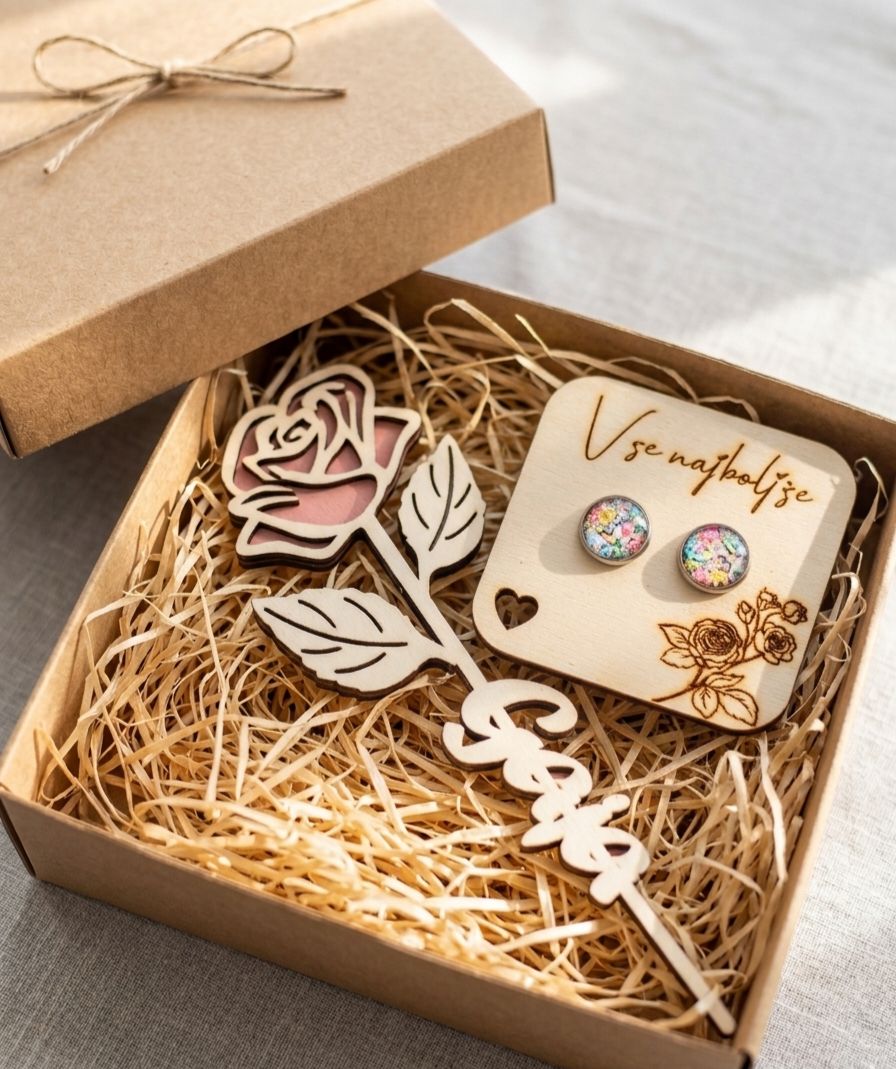 Personaliziran darilni set- lesena vrtnica z imenom, tablica s posvetilom, uhančki