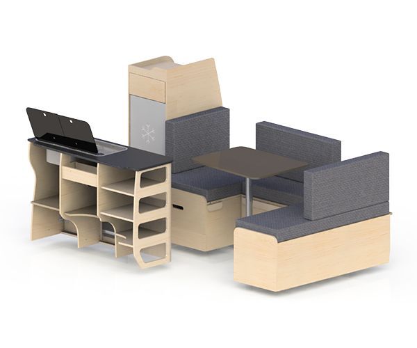 T5/T6 L1H1 avec meuble latéral droit, banquette convertible en U avant (180cm x 120 cm)