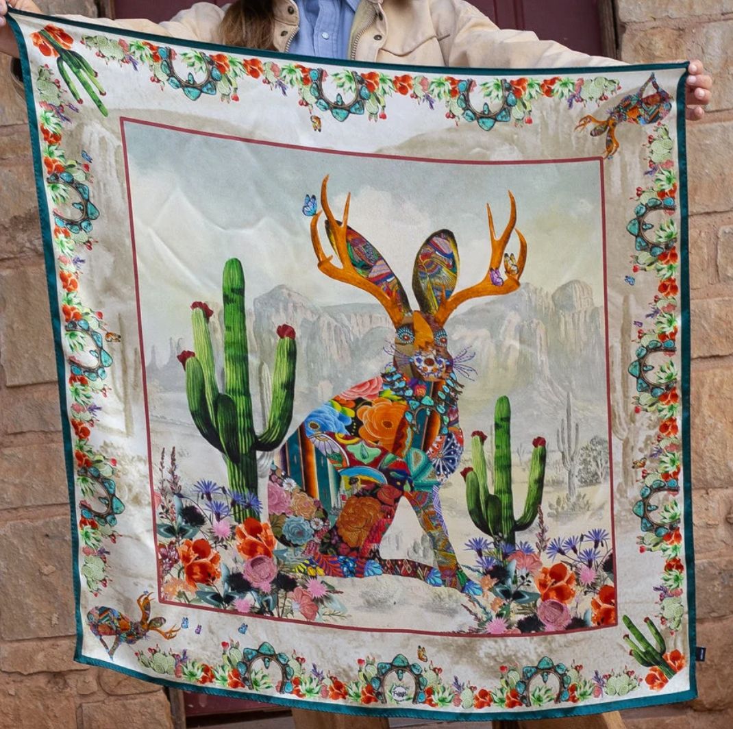 Jewelled Jackalope Silk Scarf 35x35"
